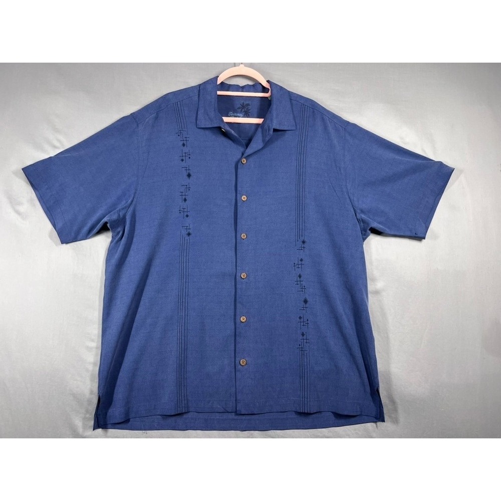Tommy Bahama Mens XL Blue 100% Silk Embroidered Short Sleeve Camp Shirt Jacquard